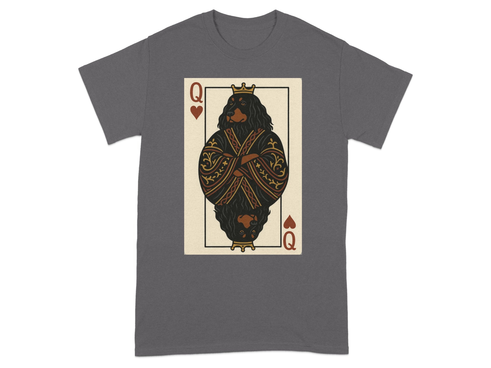 Queen of Hearts dog in a playing card design on a gray t-shirt.