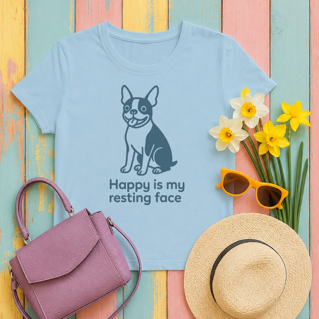 Happy Is My Resting Face - Funny Boston Terrier T-shirt in Light Blue