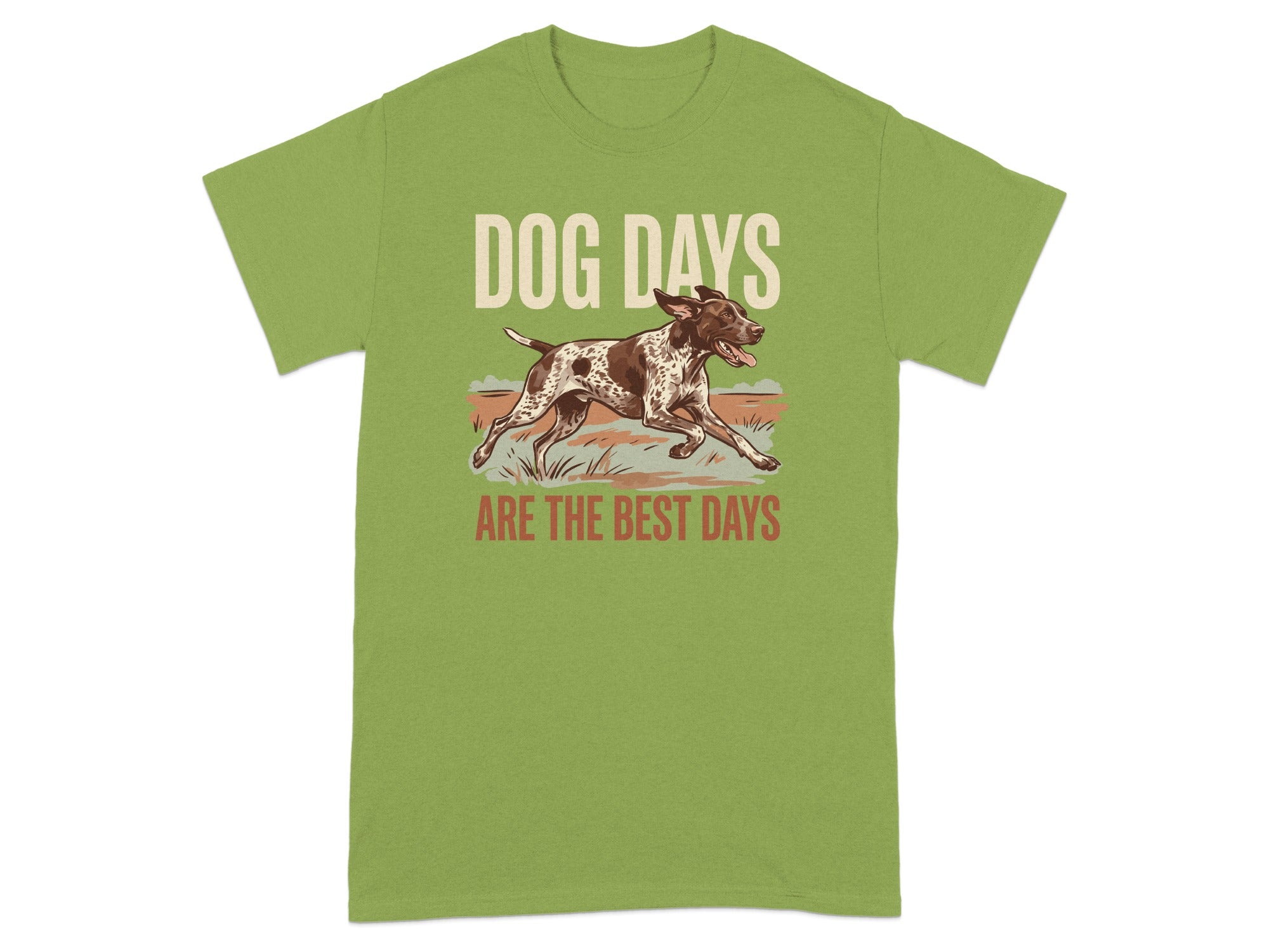 Green t-shirt with dog running and text "DOG DAYS ARE THE BEST DAYS".