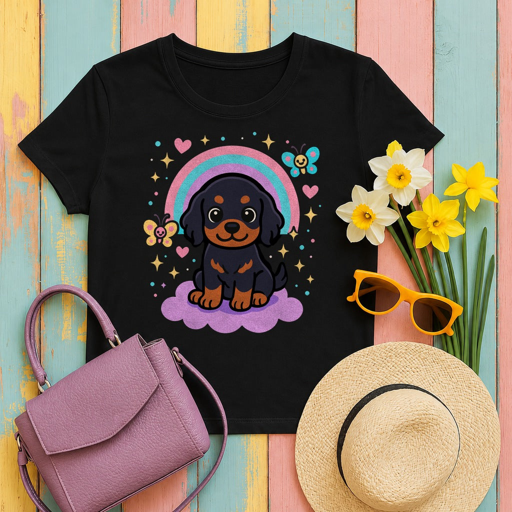 Cute Puppy Gordon Setter On Cloud Under Rainbows Stars and Hearts T-Shirt in Black