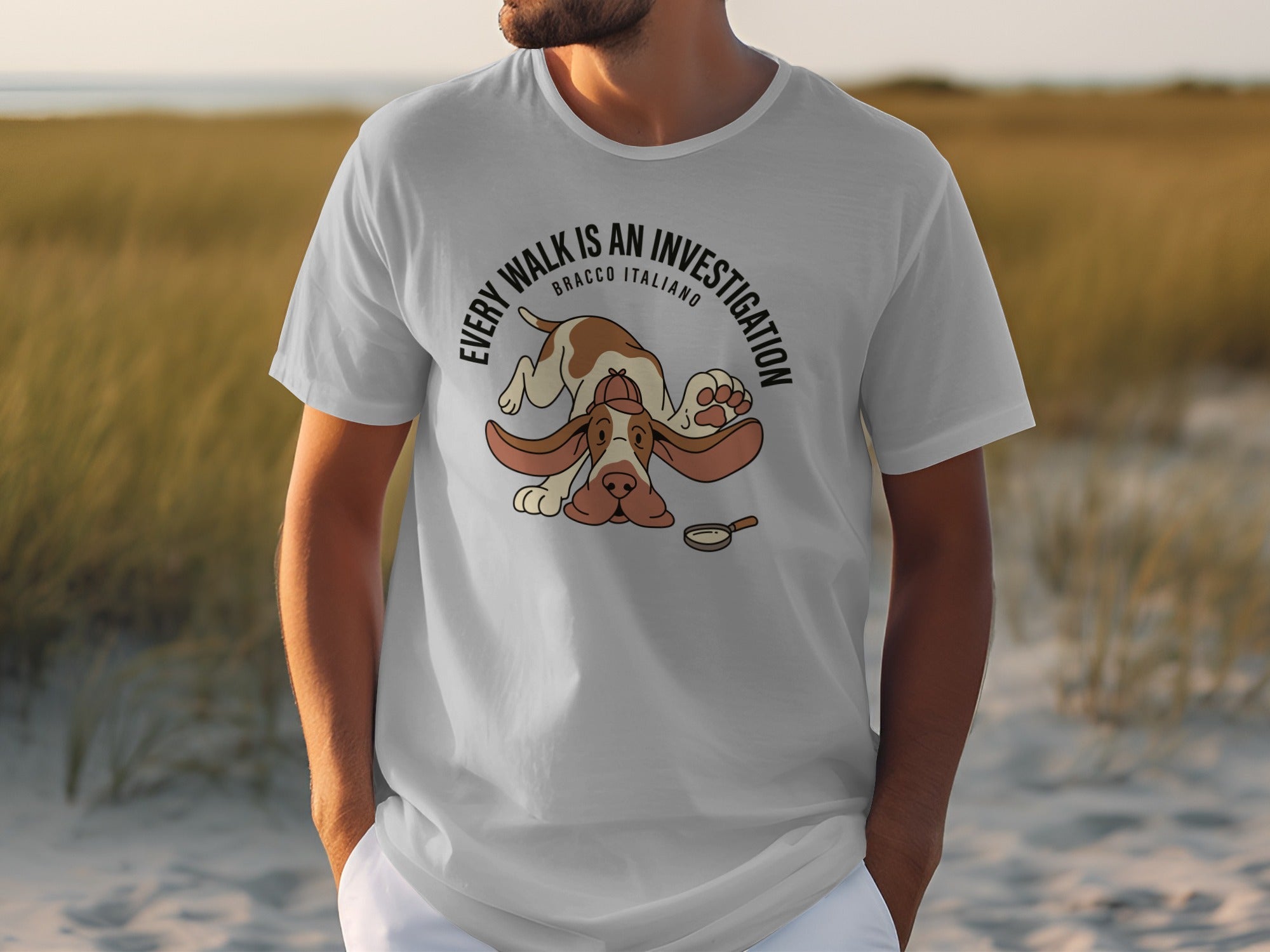 Grey t-shirt with "Every Walk is an Investigation" Bracco Italiano dog graphic.