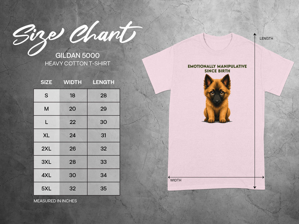 Gildan 5000 t-shirt size chart with dog graphic and "Emotionally Manipulative Since Birth" text.