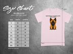 Gildan 5000 t-shirt size chart with dog graphic and "Emotionally Manipulative Since Birth" text.