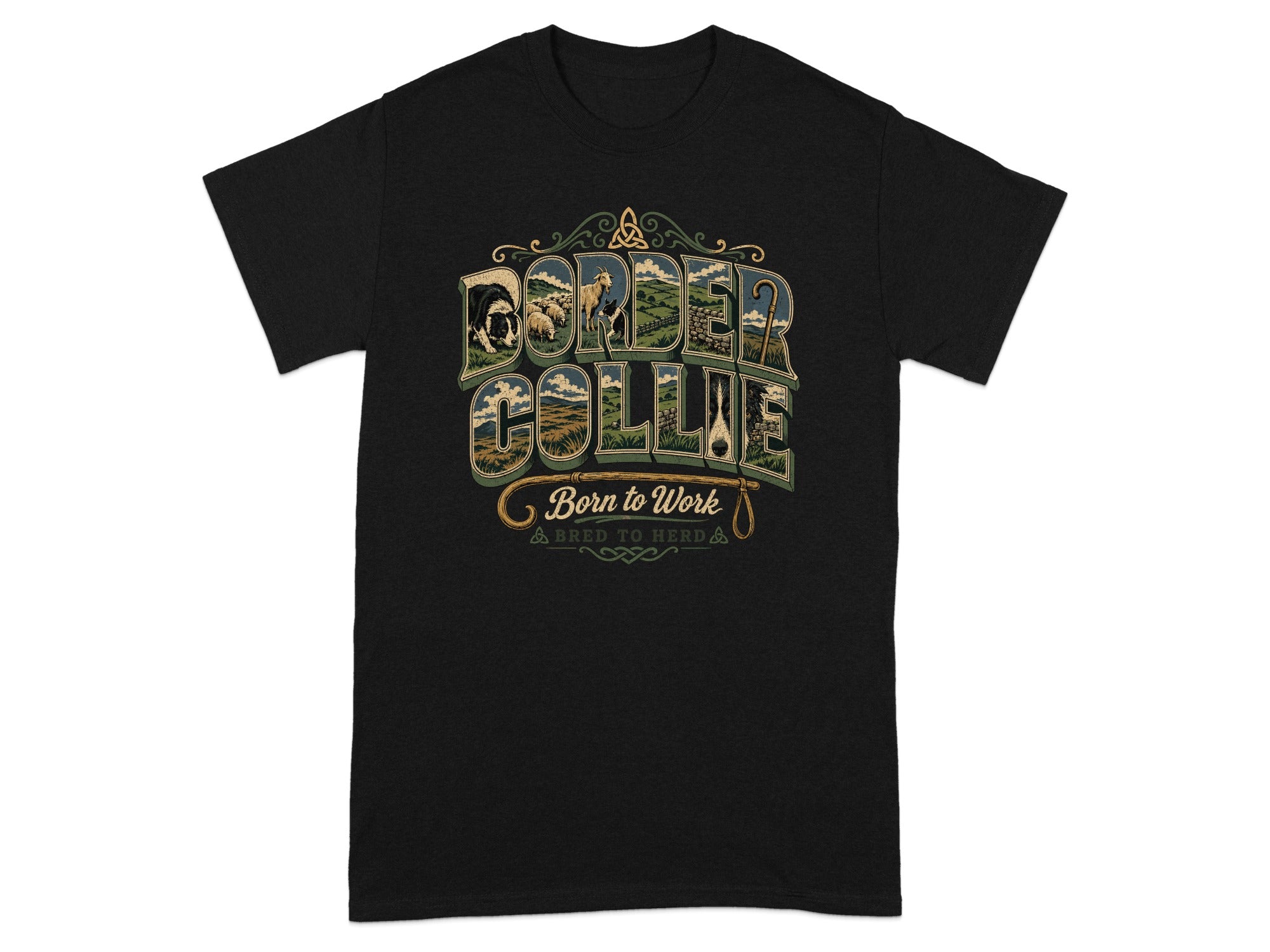 Black t-shirt with "Border Collie Born to Work" text and sheep illustration.