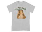 Grey t-shirt with a portrait of a Shetland Sheepdog and the text "Anxiety with Excellent Hair".