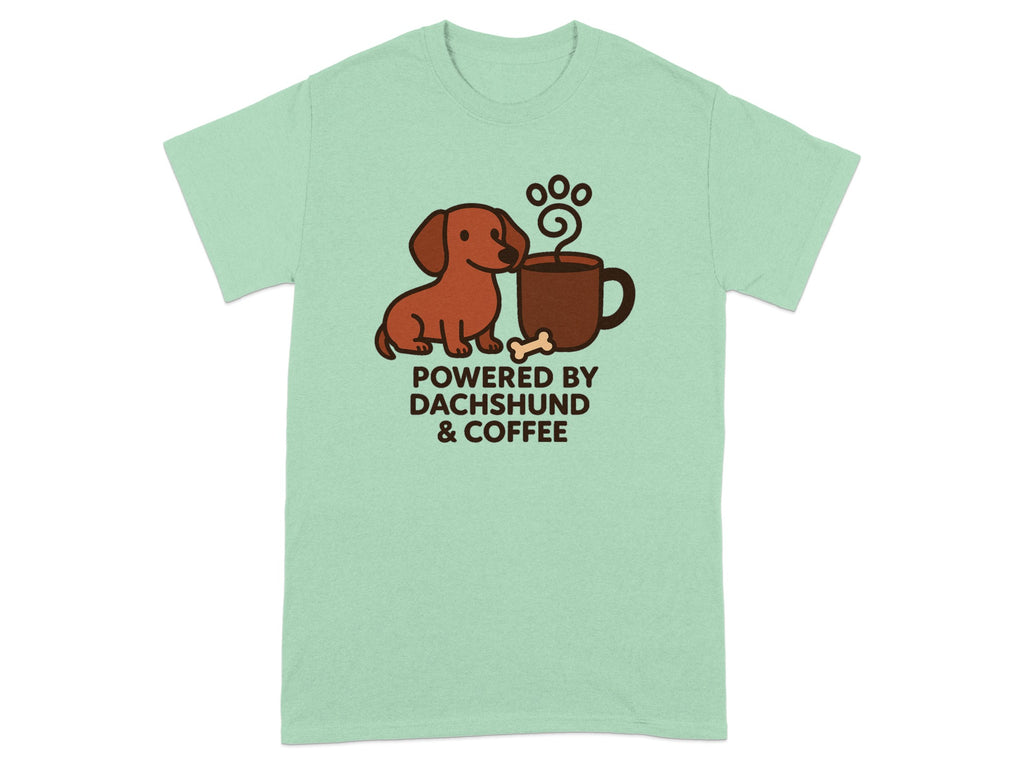 Dachshund and coffee illustration with text "POWERED BY DACHSHUND & COFFEE".