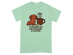 Dachshund and coffee illustration with text "POWERED BY DACHSHUND & COFFEE".