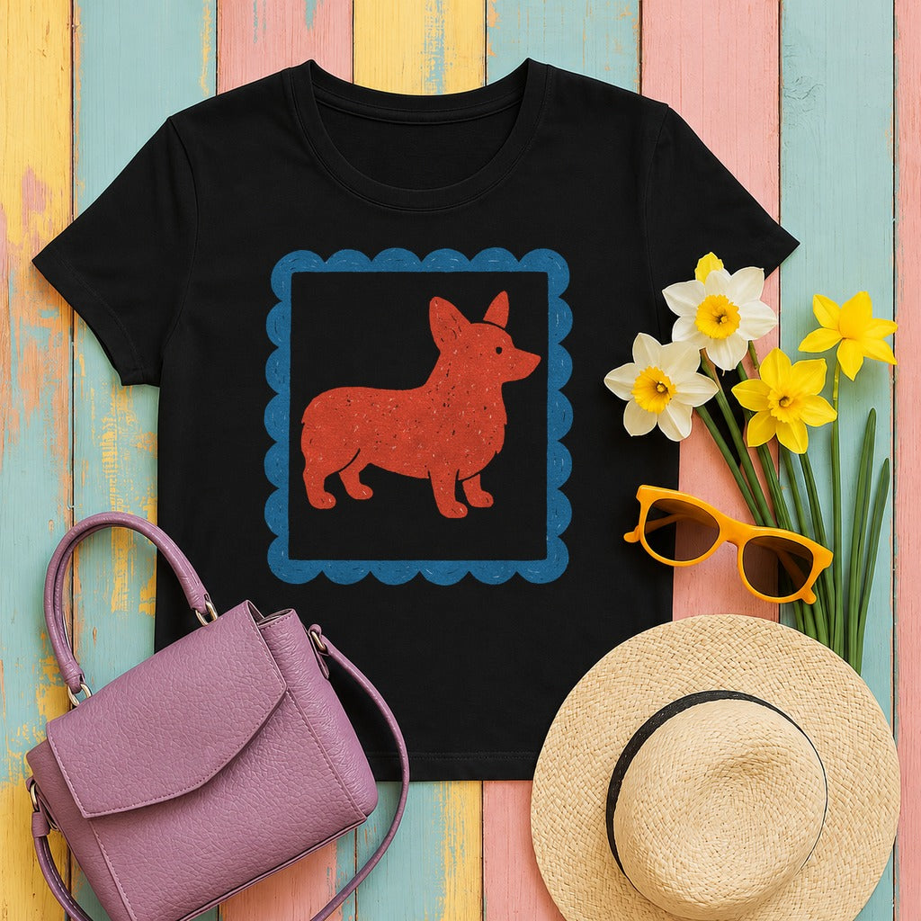 Cute Cartoon Corgi Dog Inside Ornamental Frame T-Shirt in Black