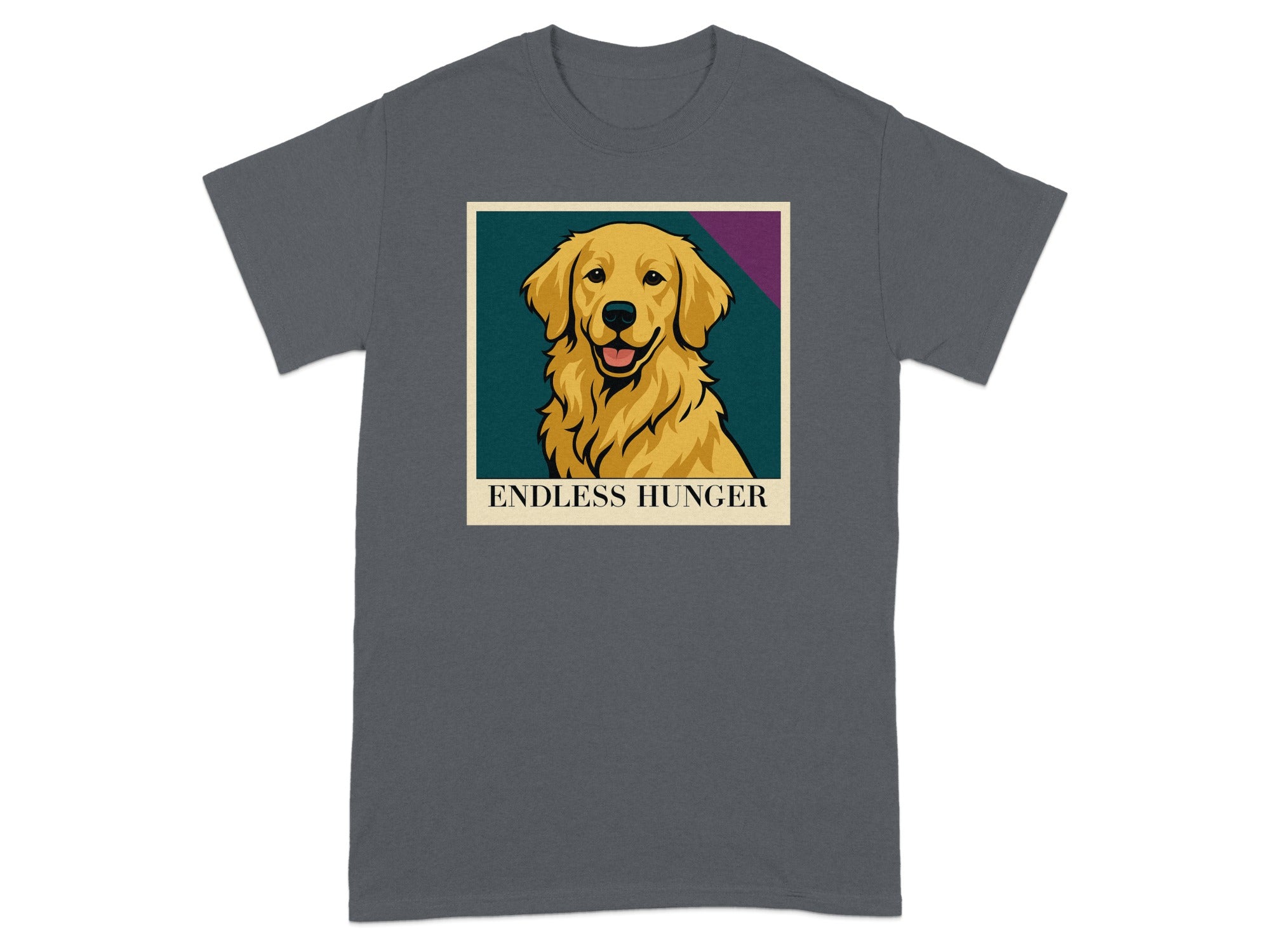 Golden Retriever portrait with "ENDLESS HUNGER" text on a dark grey t-shirt.