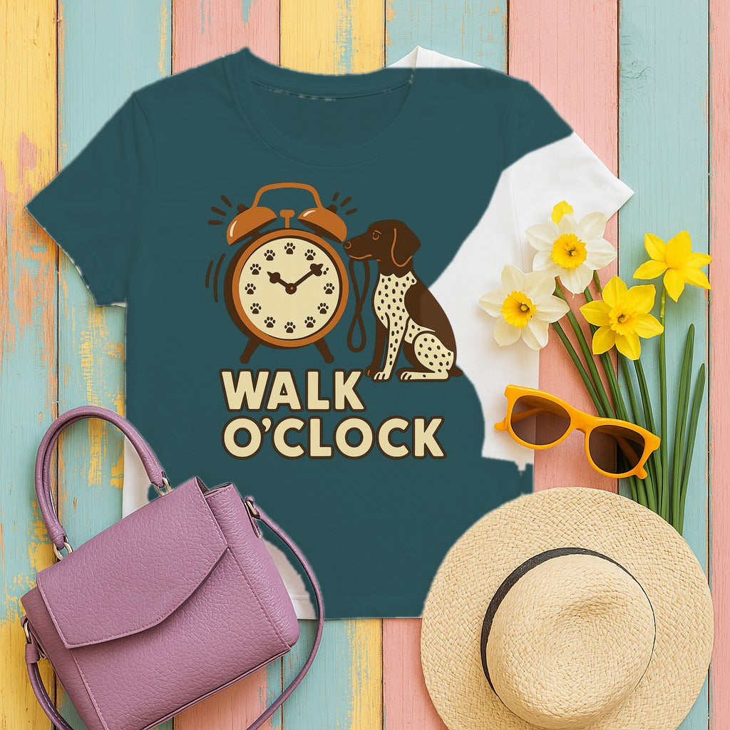 German Shorthaired Pointer Walk O'Clock Tee styled flat lay on Heather Deep Teal