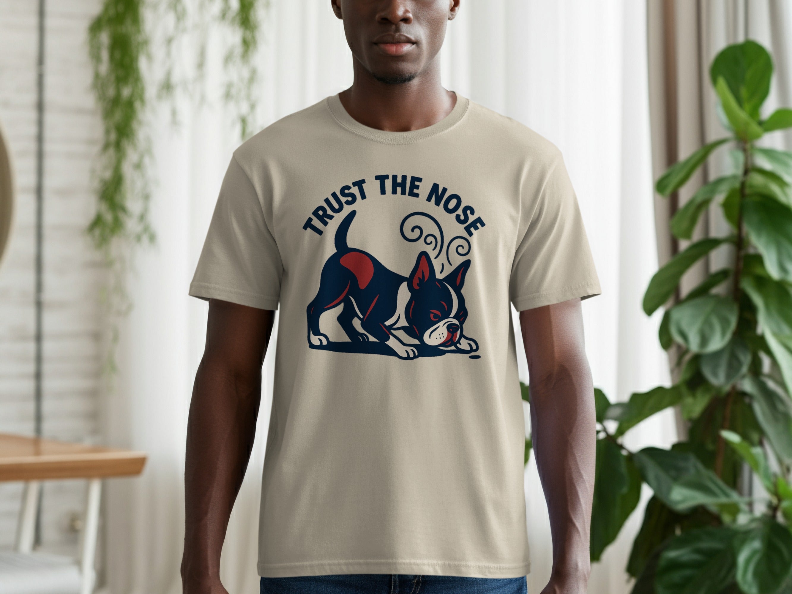 T-shirt with a dark blue Boston Terrier graphic and text "TRUST THE NOSE."