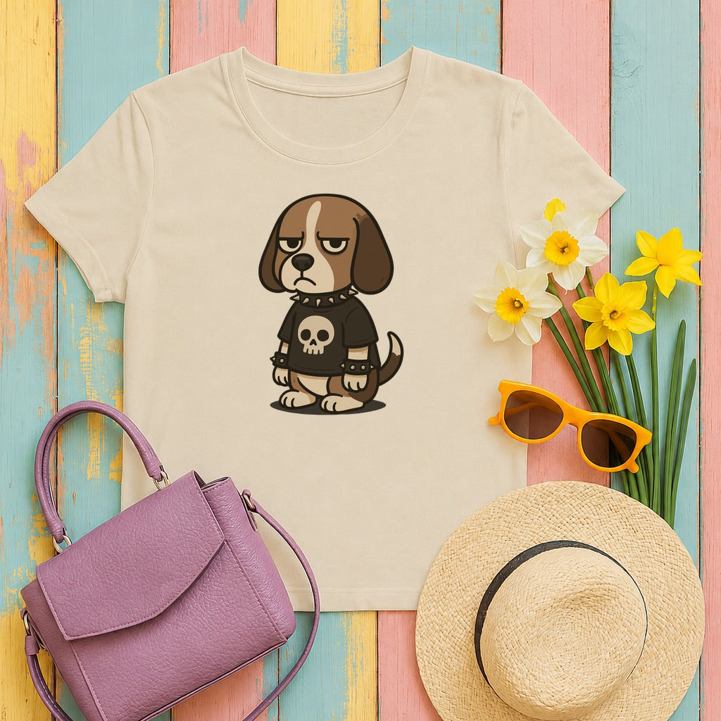 Goth Punk Beagle With Spiked Collar and Skull T-Shirt in Sand