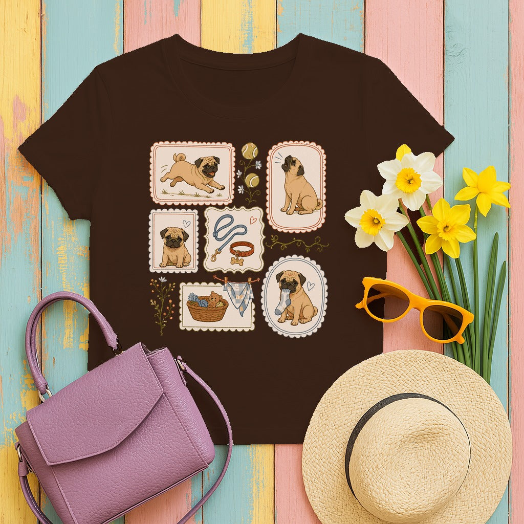 Cute Pug Dog Collage T-Shirt in Dark Chocolate