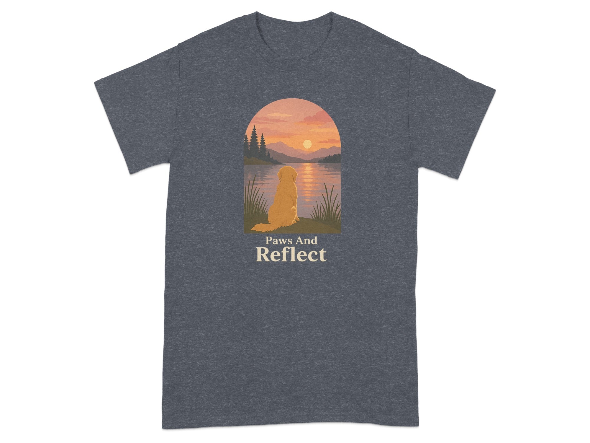 Golden retriever sits by water with sunset landscape, "Paws And Reflect" text.