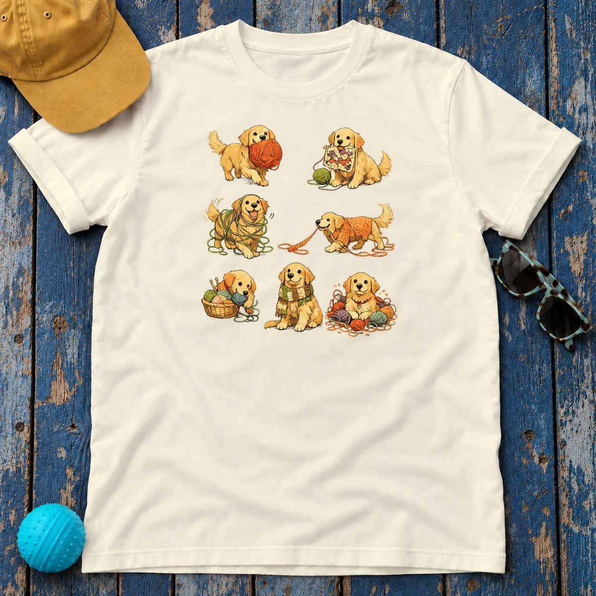 Playful Yarn Golden Retriever Puppies T-Shirt in Natural