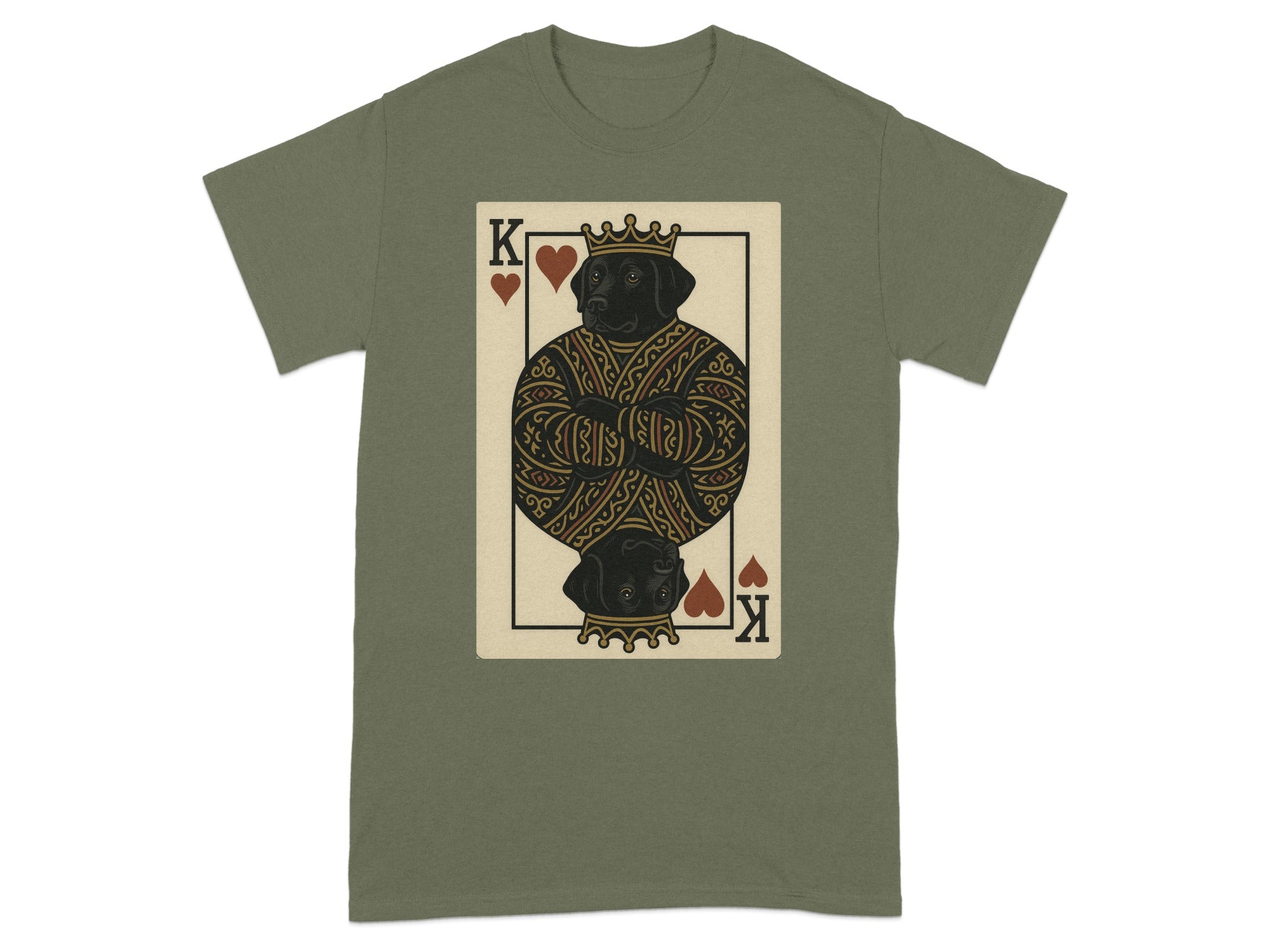 King of Hearts playing card with a black labrador wearing a crown.