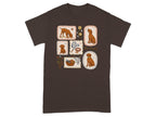 T-shirt with framed illustrations of dogs, dog toys, and hearts.