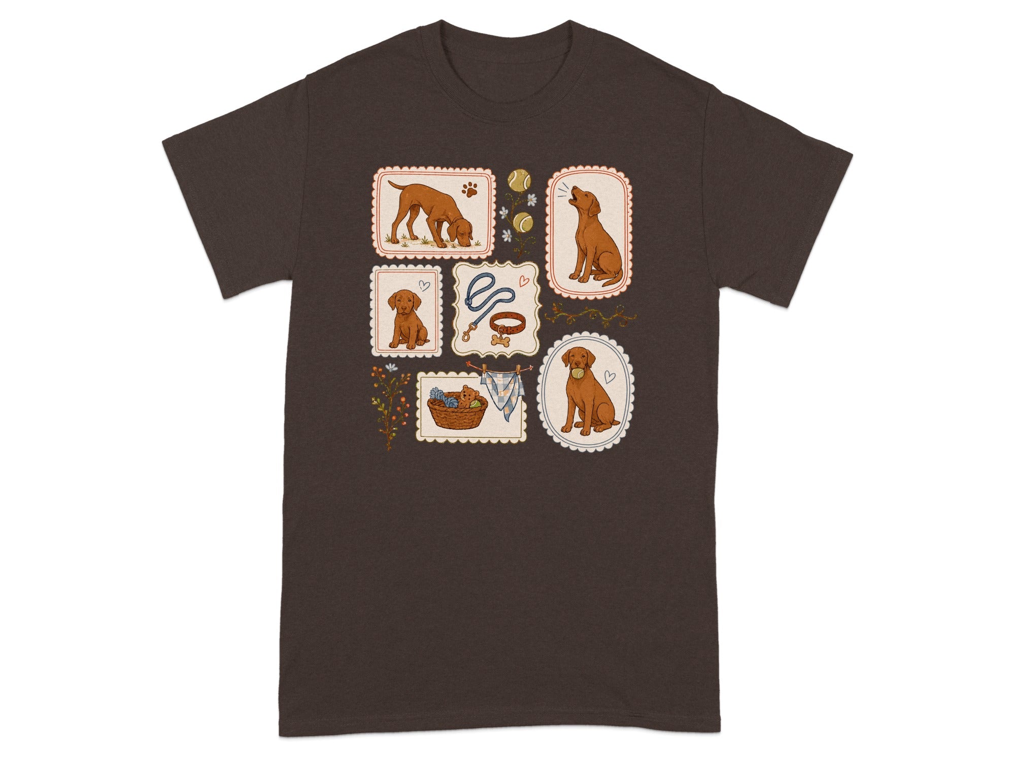 T-shirt with framed illustrations of dogs, dog toys, and hearts.