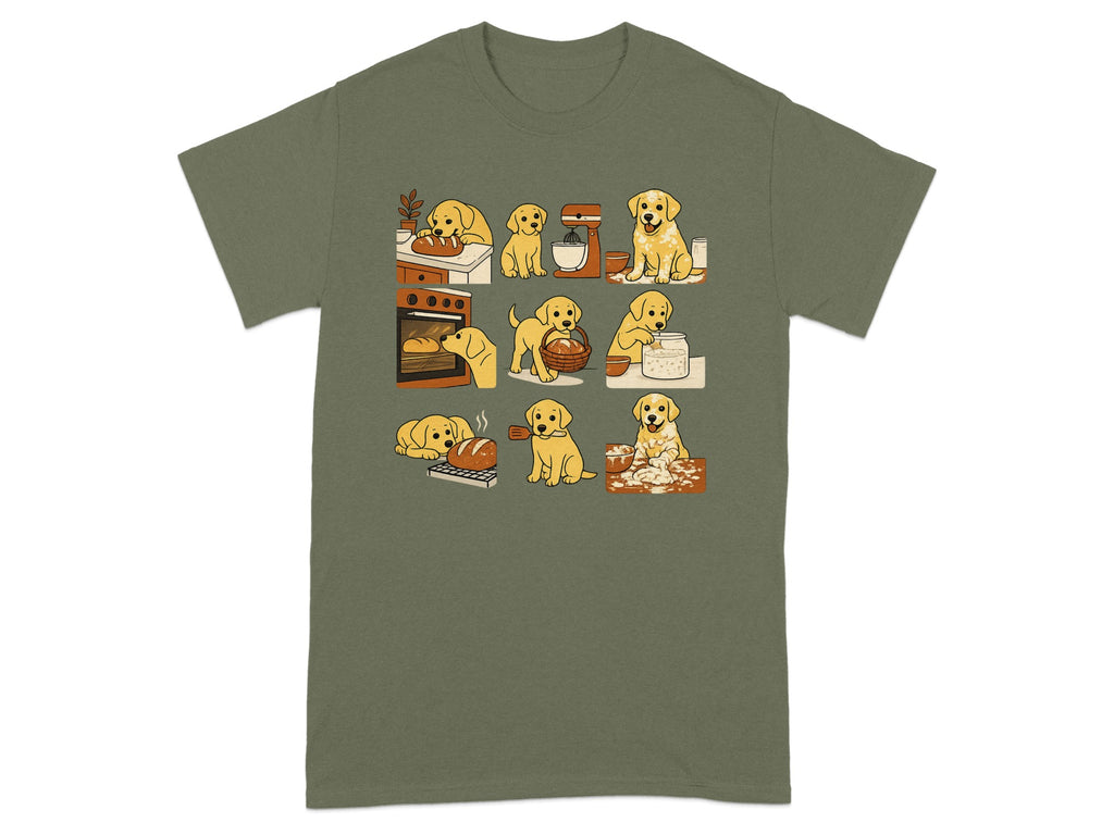 Golden retriever puppies in various baking scenes, including kneading dough and pulling bread from an oven.