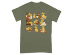Golden retriever puppies in various baking scenes, including kneading dough and pulling bread from an oven.