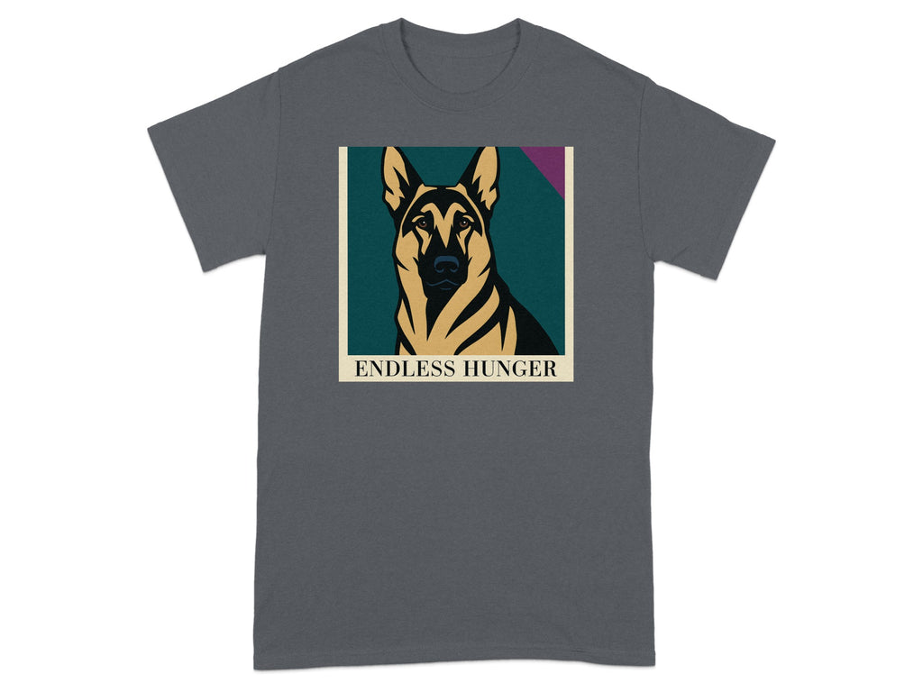 German Shepherd portrait with the text "ENDLESS HUNGER" on a t-shirt.
