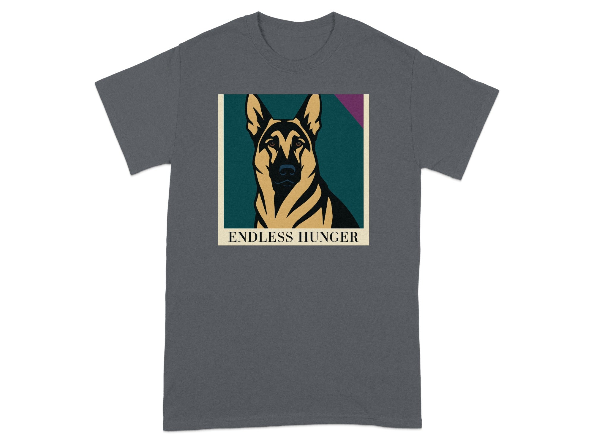 German Shepherd portrait with the text "ENDLESS HUNGER" on a t-shirt.