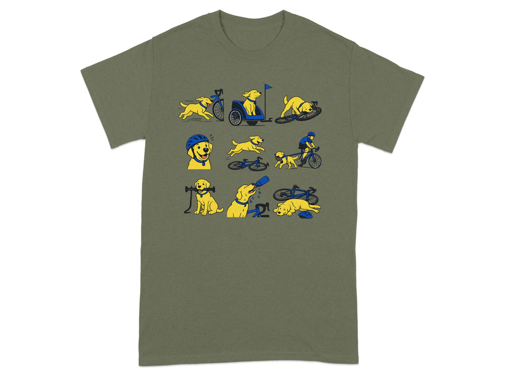 T-shirt with cartoon illustrations of a yellow lab dog biking and with biking accessories.