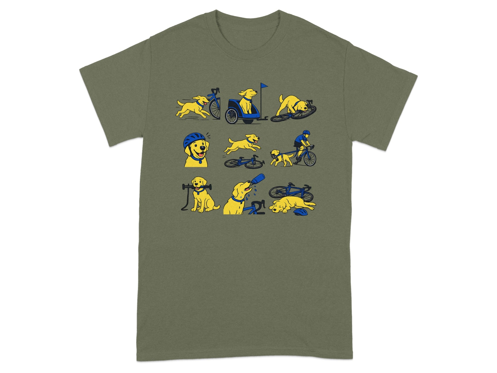 T-shirt with cartoon illustrations of a yellow lab dog biking and with biking accessories.