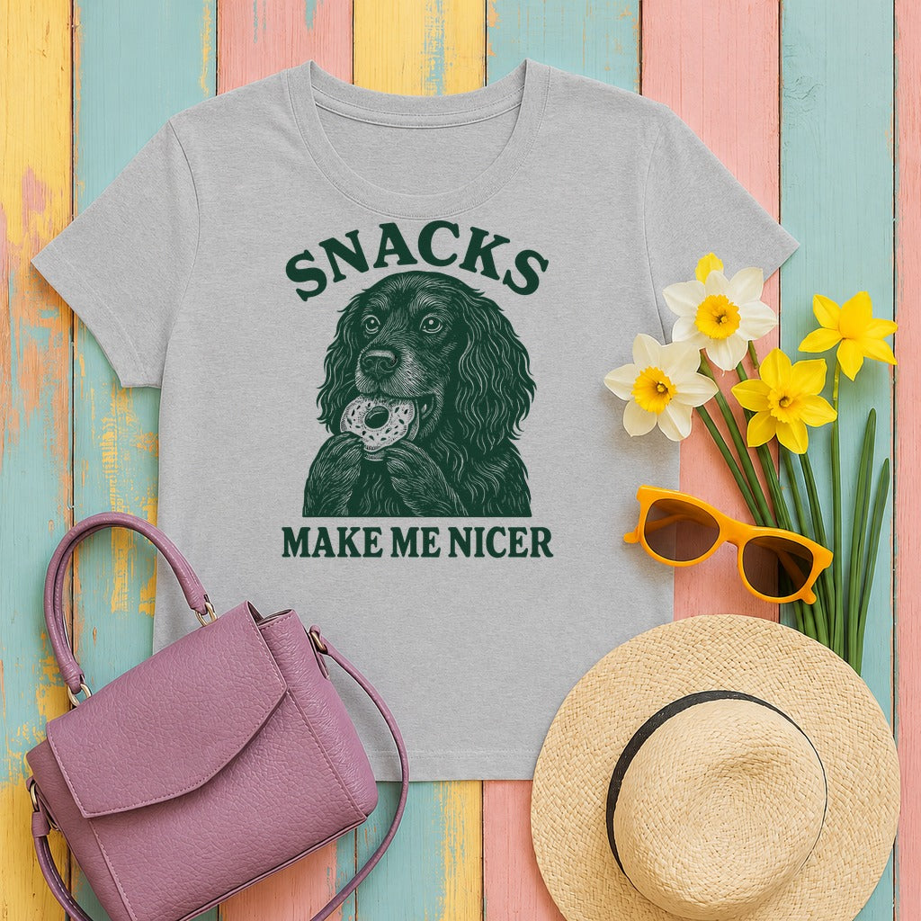 Snacks Make Me Nicer Gordon Setter with Donut Funny Foodie T-Shirt in Sport Grey