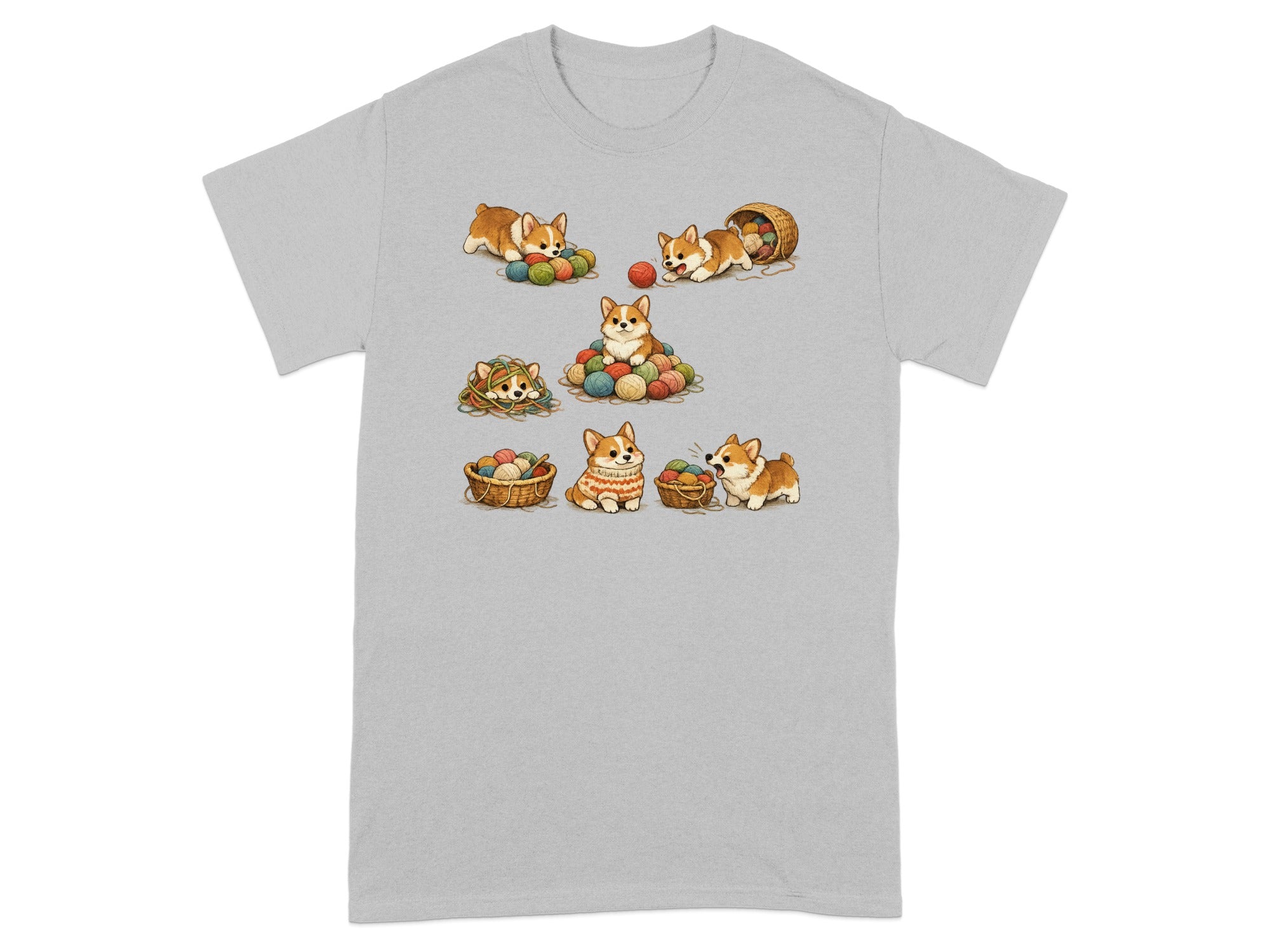 Seven cartoon corgis play with balls of yarn and baskets on a gray t-shirt.