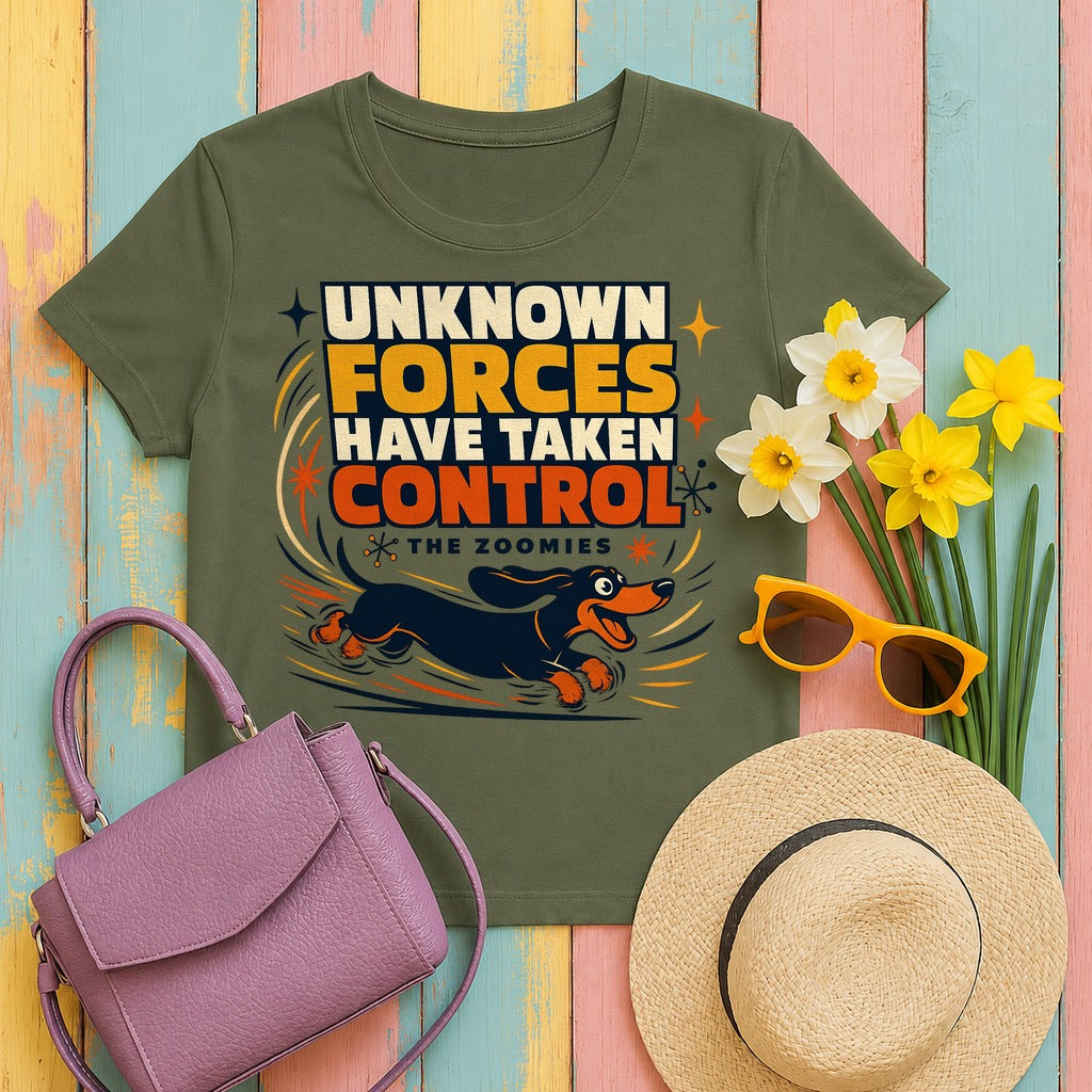 Unknown Forces: The Zoomies Dachshund T-shirt in Military Green