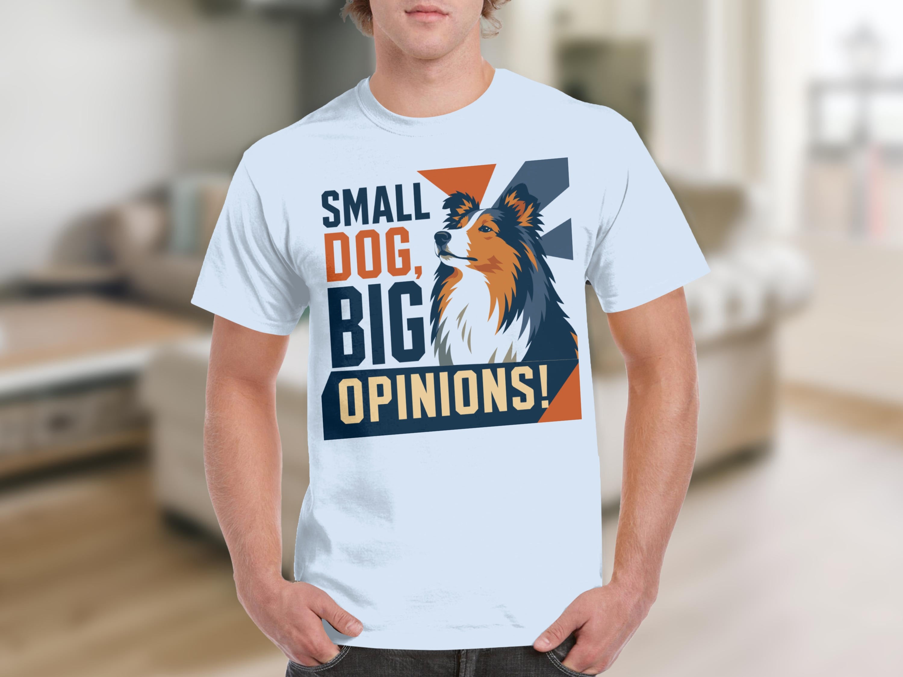 White t-shirt with "SMALL DOG, BIG OPINIONS!" text and dog illustration.