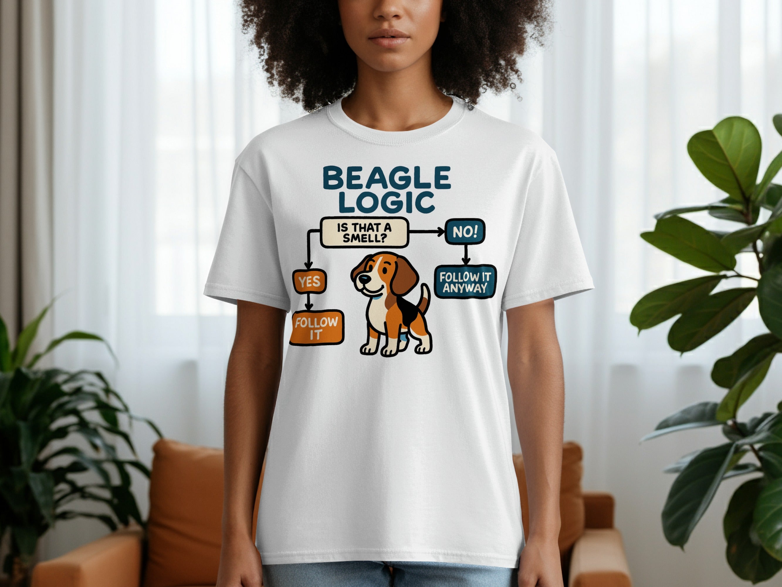 White t-shirt with a Beagle logic flowchart and cartoon beagle.