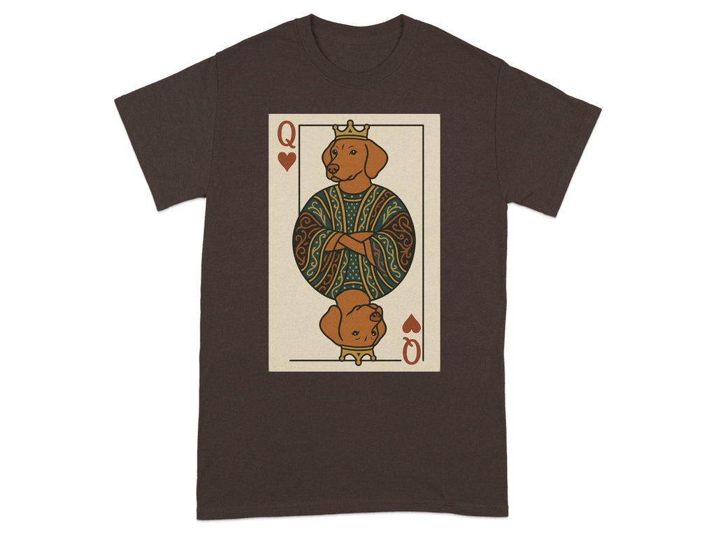 Queen of Hearts card design featuring a crowned dog in ornate clothing.