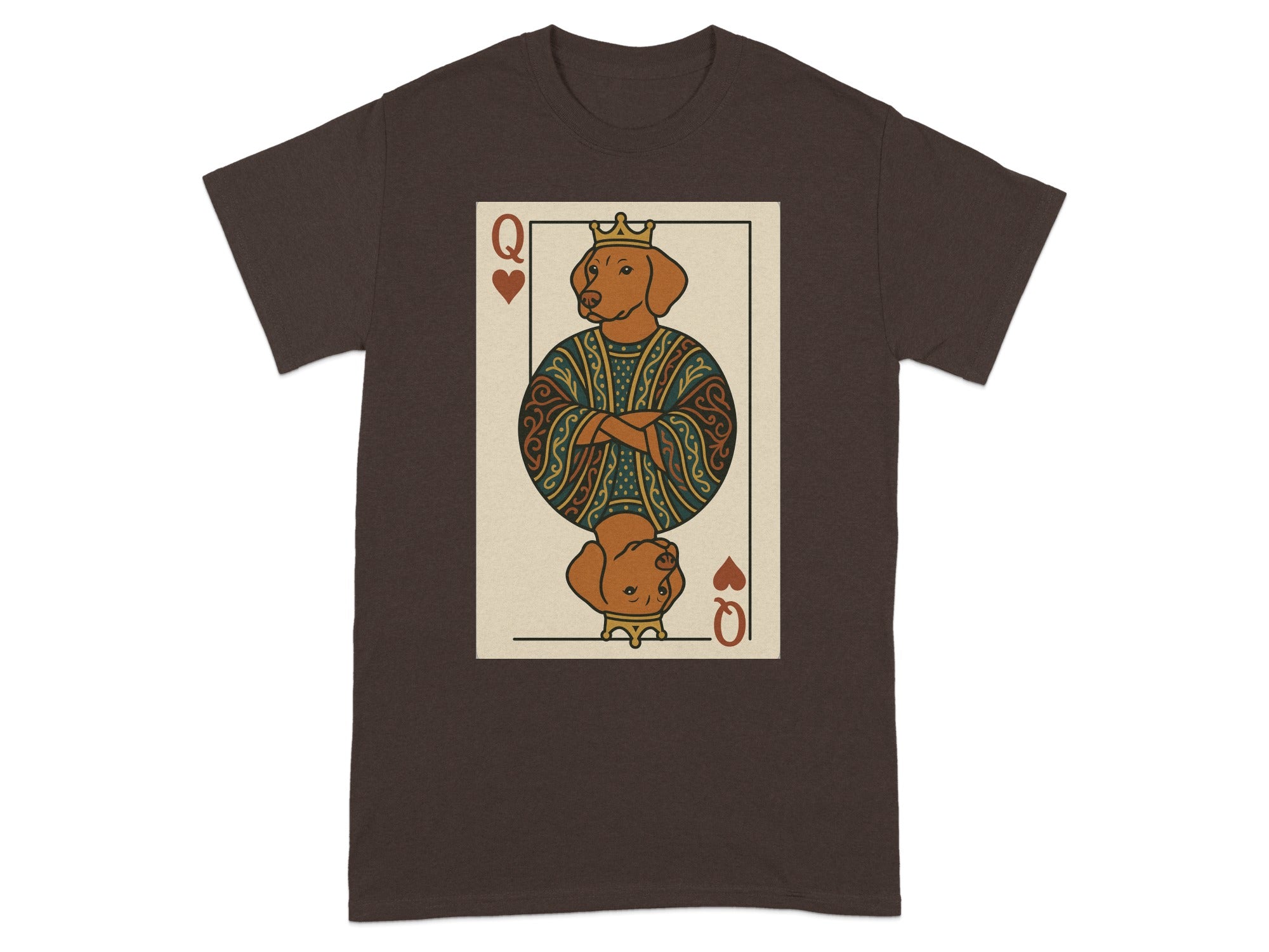 Queen of Hearts card design featuring a crowned dog in ornate clothing.