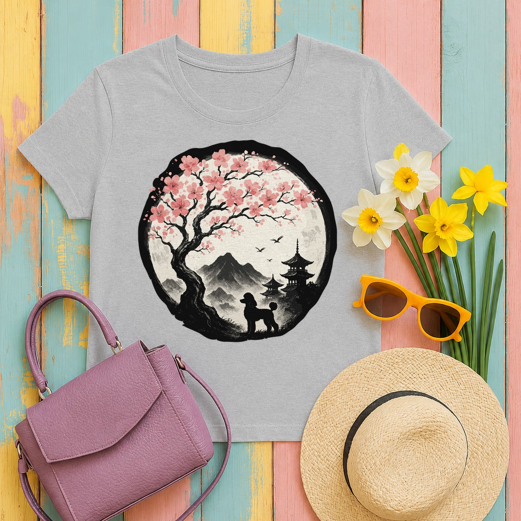 Asian Landscape With Poodle Silhouette T-Shirt in Sport Grey