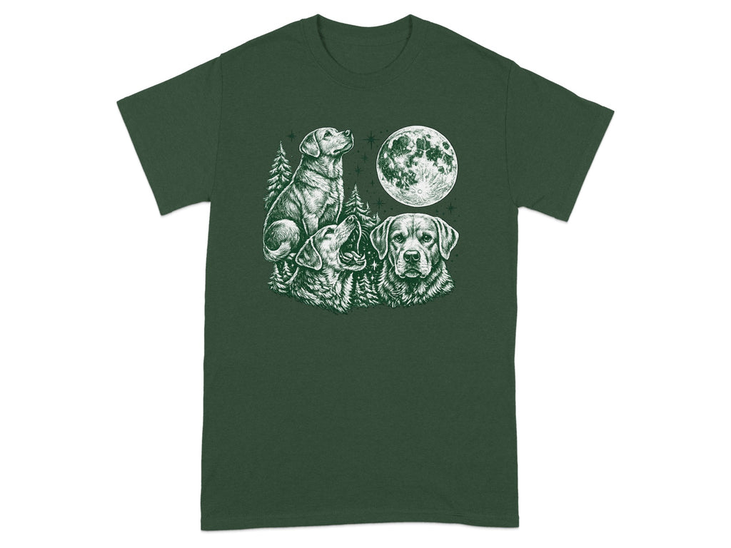 Three labradors in a forest under a full moon printed on a dark green t-shirt.