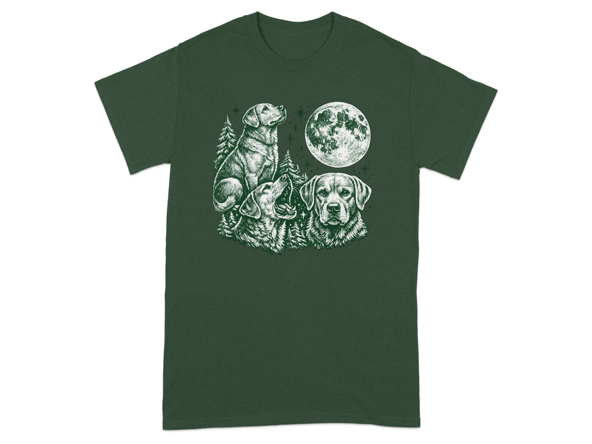 Three labradors in a forest under a full moon printed on a dark green t-shirt.