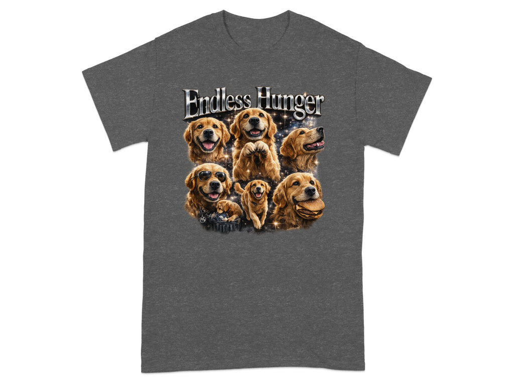 T-shirt graphic with "Endless Hunger" text and varying golden retrievers.