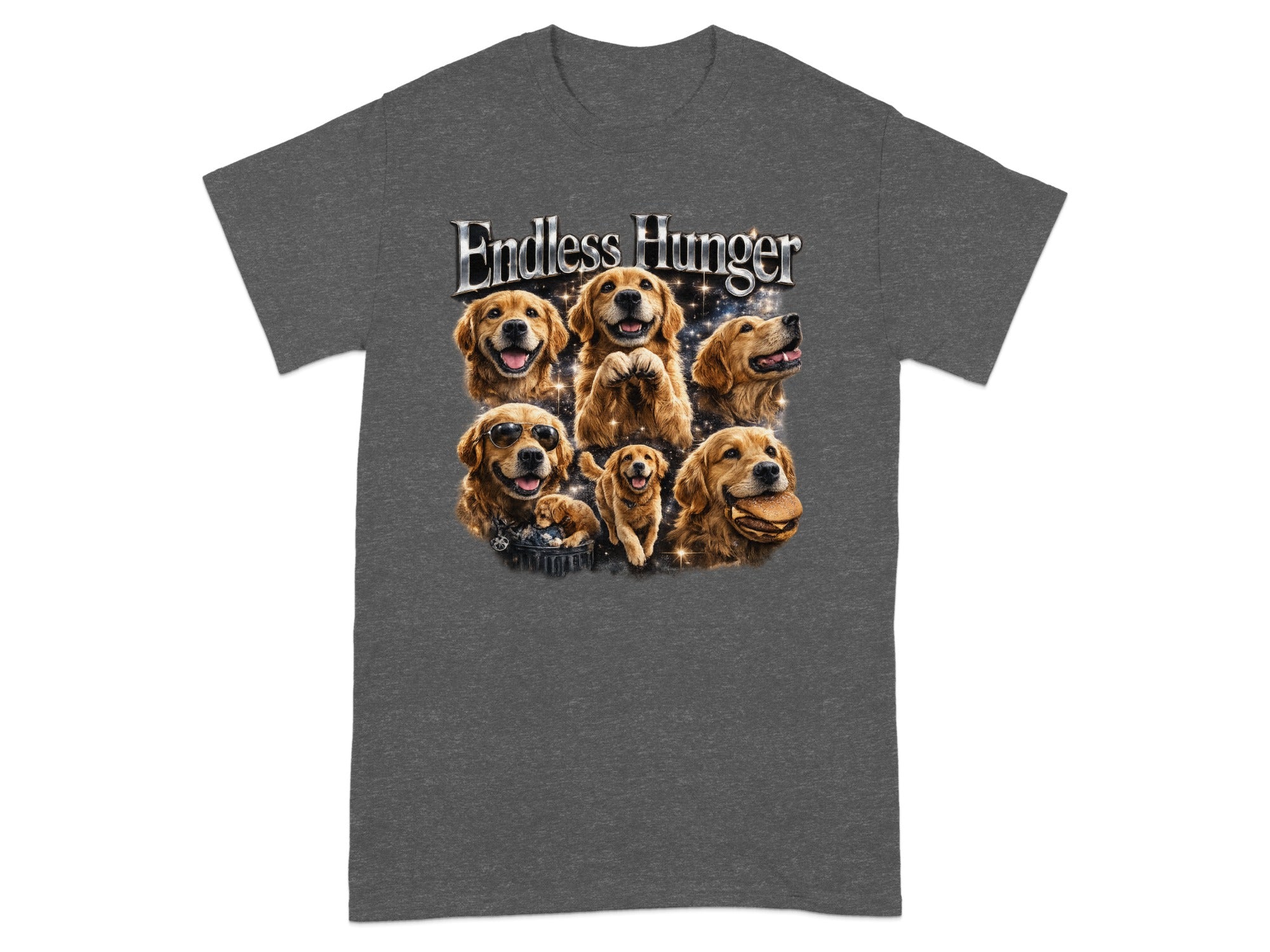 T-shirt graphic with "Endless Hunger" text and varying golden retrievers.