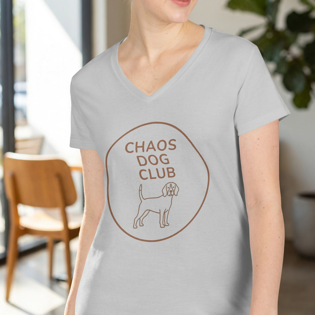 Light grey v-neck t-shirt with brown "Chaos Dog Club" text and beagle outline.