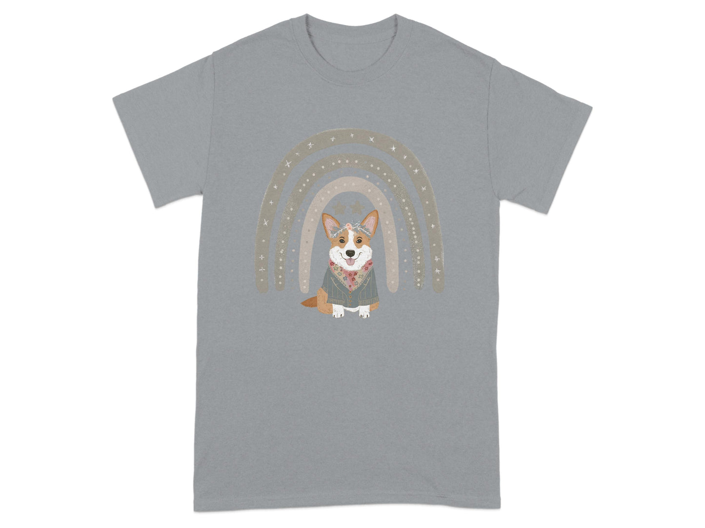 Whimsical Rainbow Corgi Graphic on Grey T-shirt product type