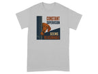 Grey t-shirt with a dog peeking around a corner and text.