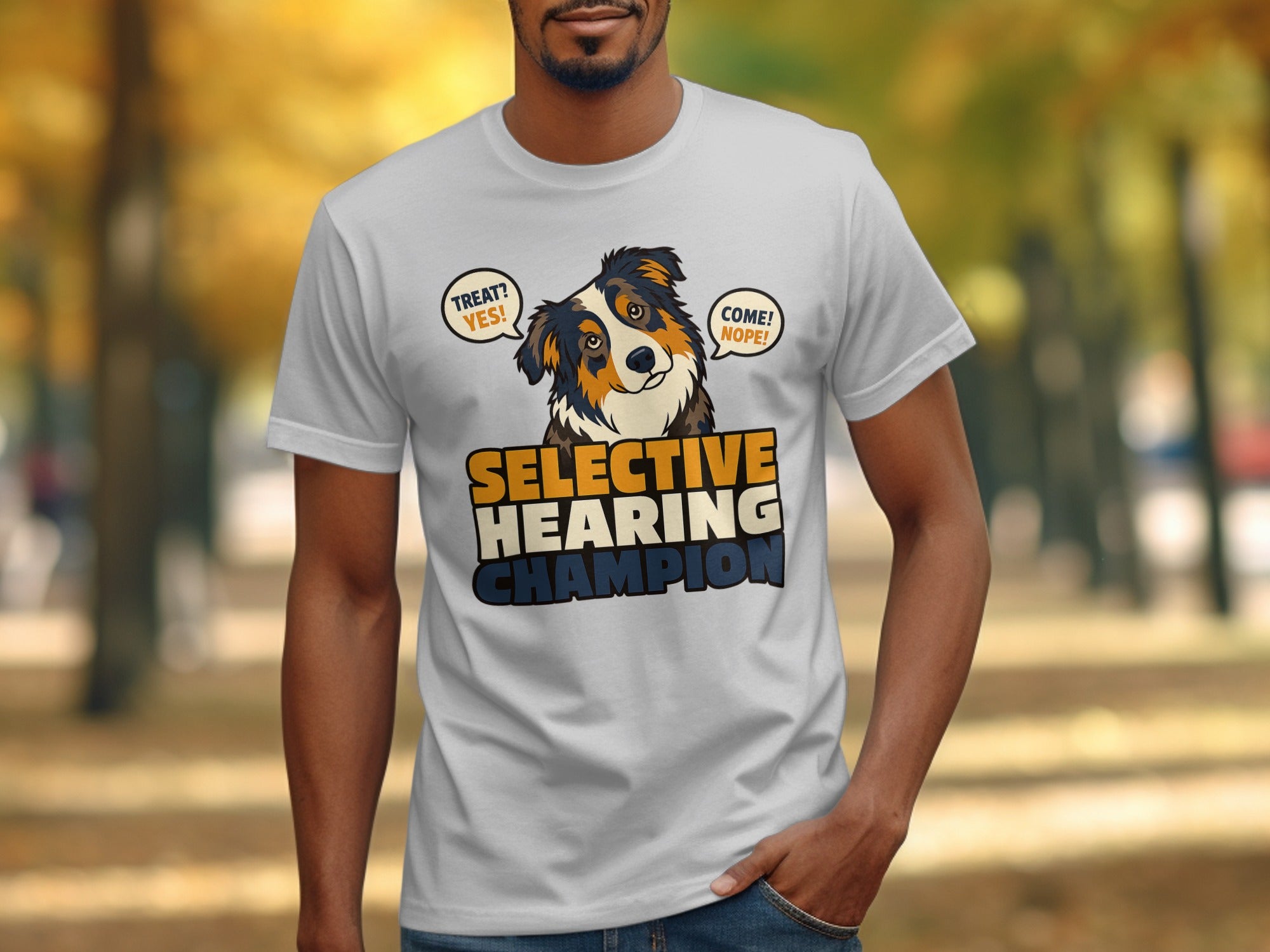 Grey t-shirt with cartoon dog and text "SELECTIVE HEARING CHAMPION".