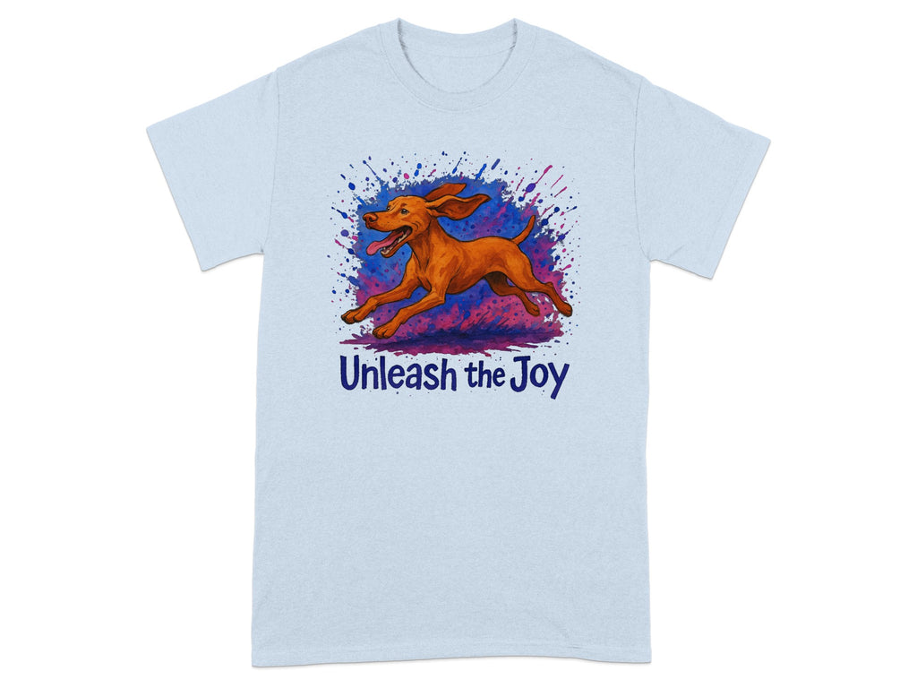 Brown dog running with colorful splashes and text "Unleash the Joy".