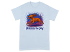 Brown dog running with colorful splashes and text "Unleash the Joy".