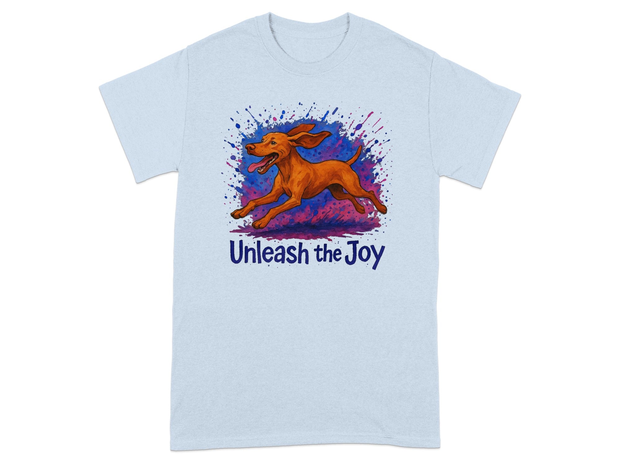 Brown dog running with colorful splashes and text "Unleash the Joy".