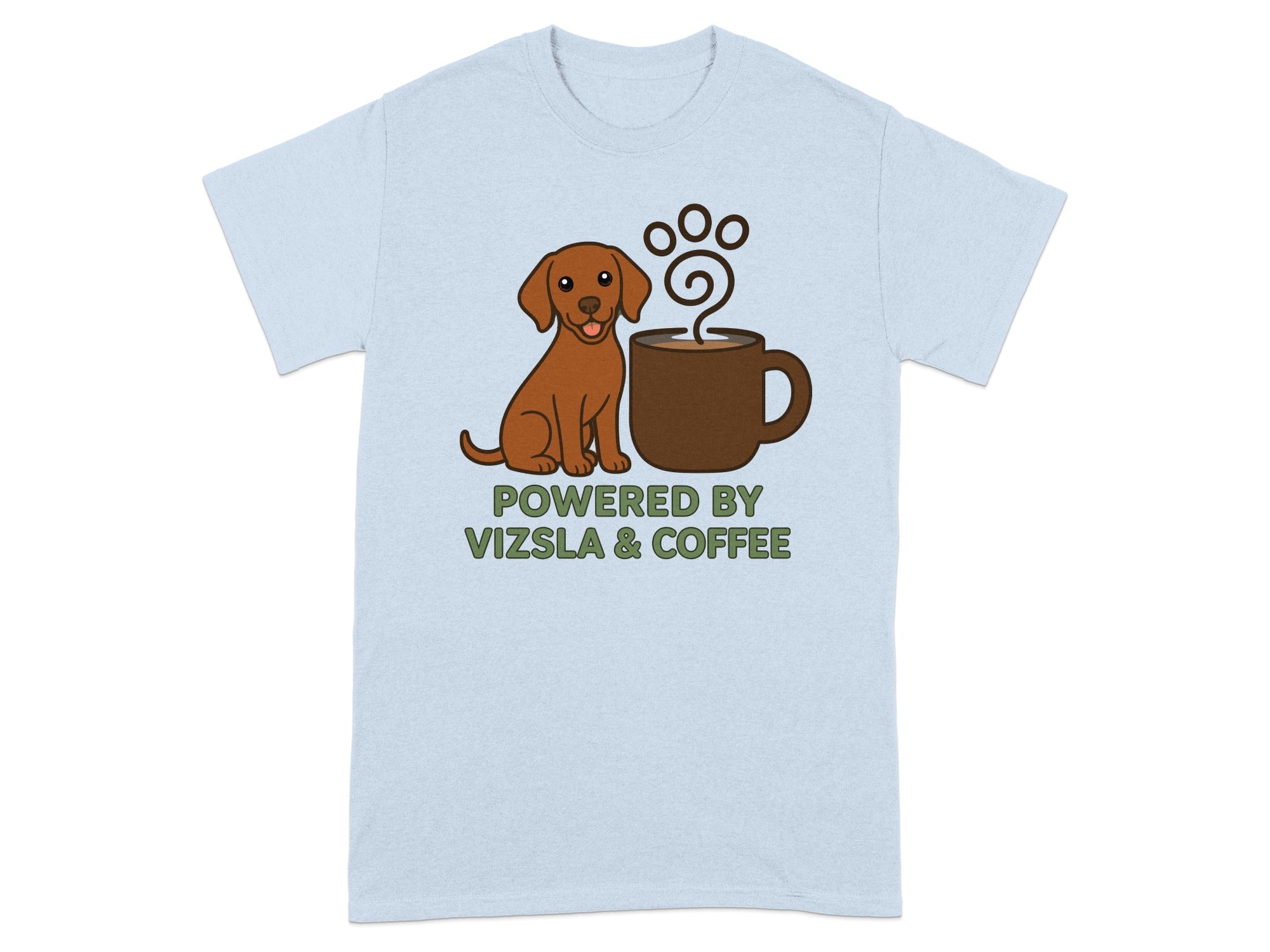 Light blue t-shirt with a cartoon Vizsla dog and coffee mug graphic and text.