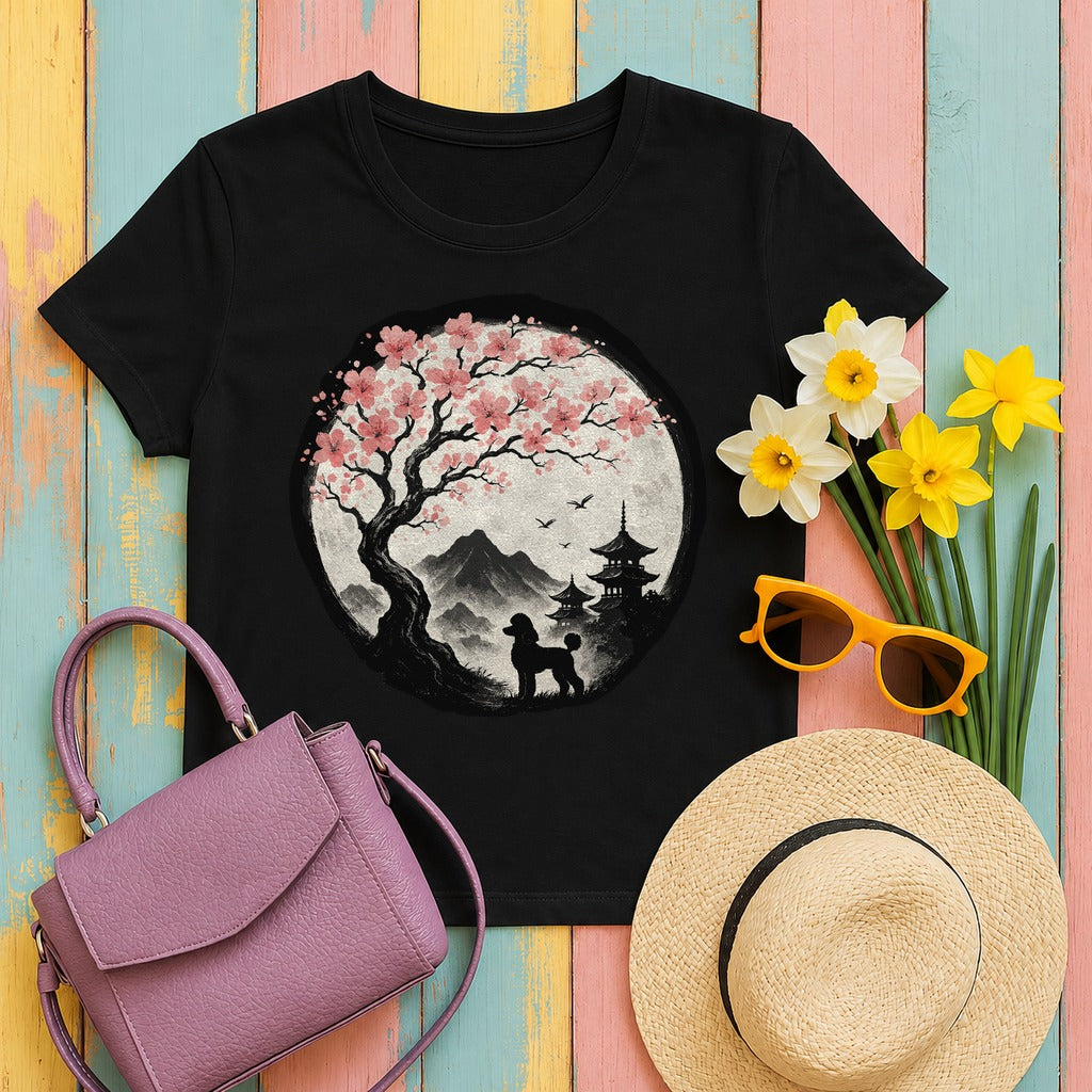 Asian Landscape With Poodle Silhouette T-Shirt in Black