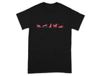 Black t-shirt with a progression of pink dog illustrations across the chest.